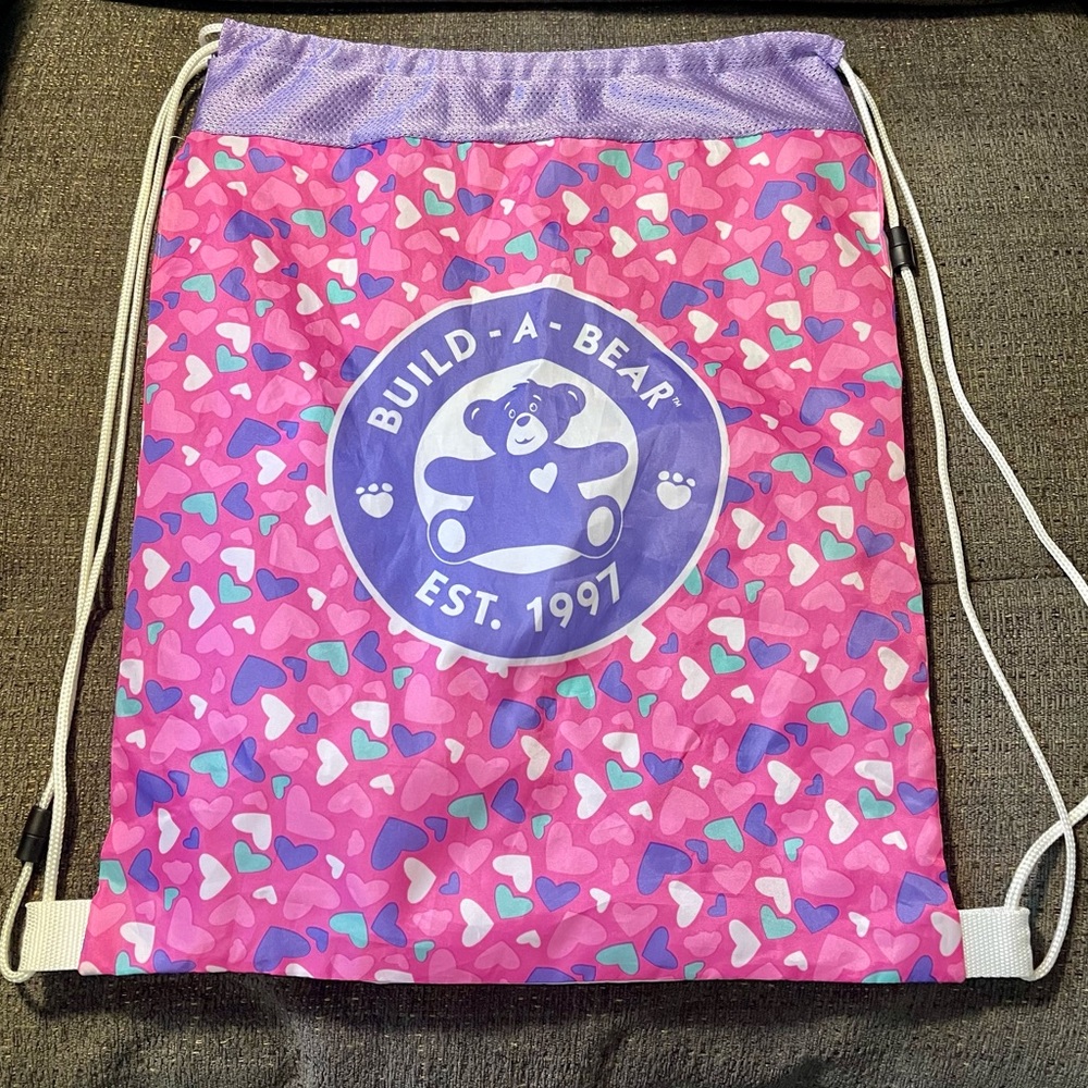 Build a Bear drawstring carry bag pink hearts backpack for stuffed bear plush